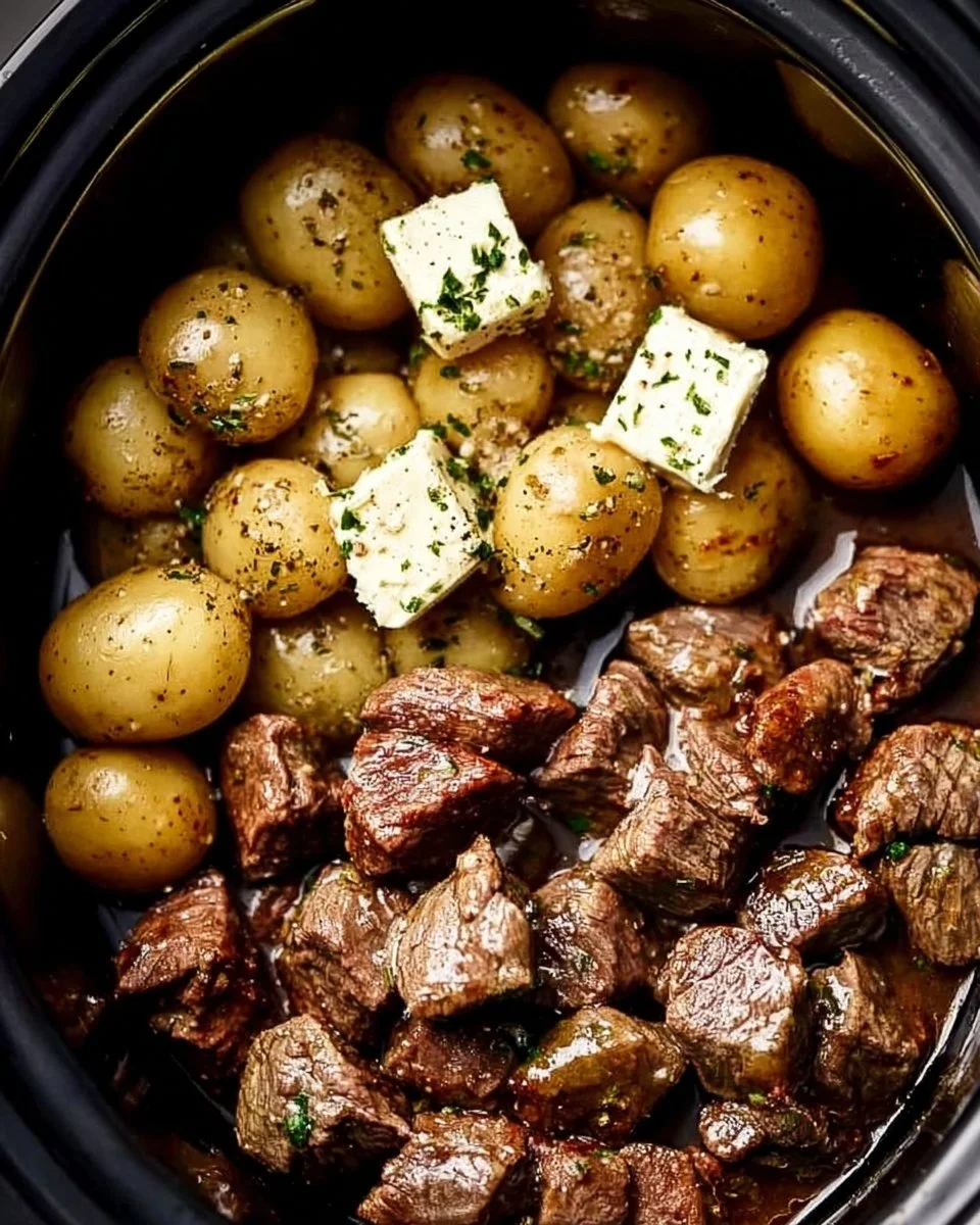 Crockpot Garlic Butter Beef Bites served with potatoes in a bowl