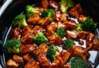 Delicious Crockpot Teriyaki Chicken served with rice and vegetables