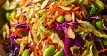 Crunchy cabbage salad with edamame and sesame ginger dressing in a bowl