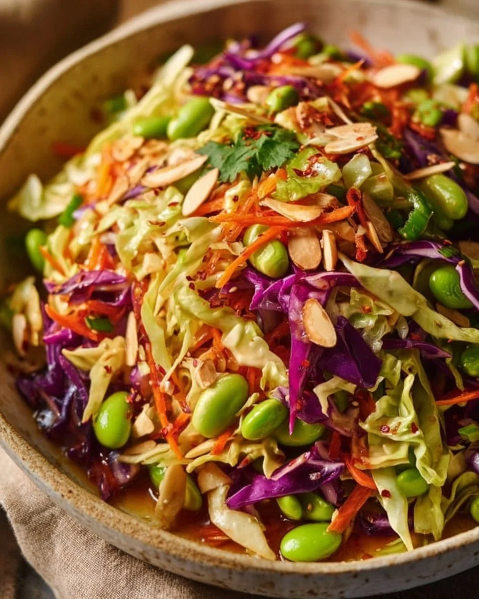 Crunchy cabbage salad with edamame and sesame ginger dressing in a bowl