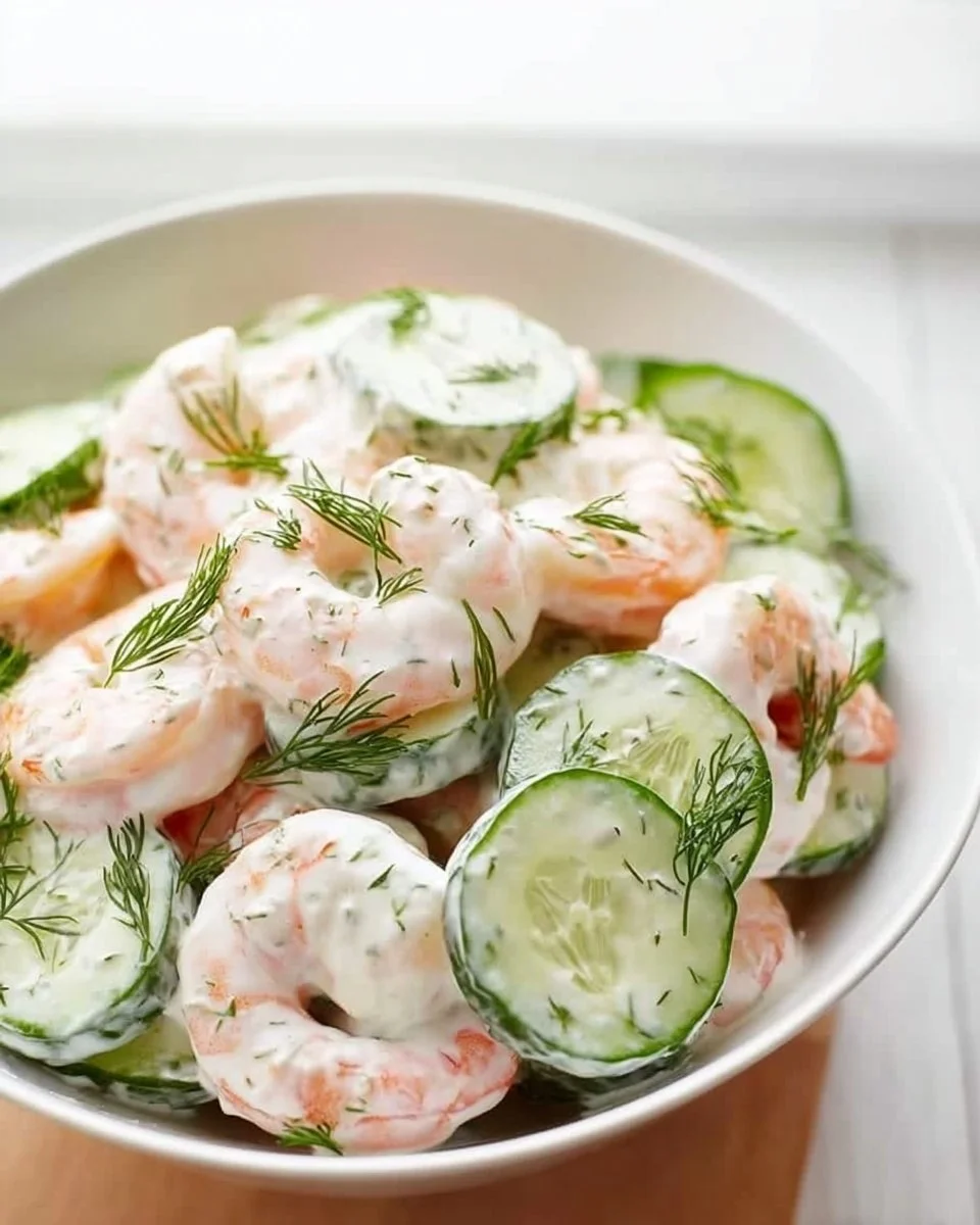 Cucumber Shrimp Salad with fresh vegetables and shrimp served in a bowl