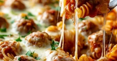 Delicious Dump and Bake Meatball Casserole ready to serve.