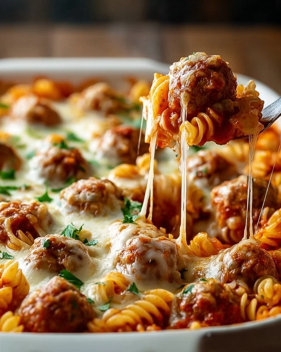 Delicious Dump and Bake Meatball Casserole ready to serve.