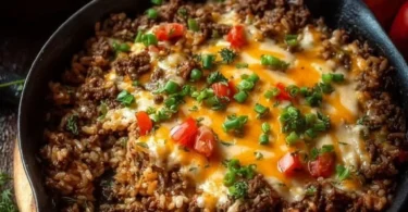 Easy Ground Beef and Rice Skillet in a frying pan with colorful vegetables