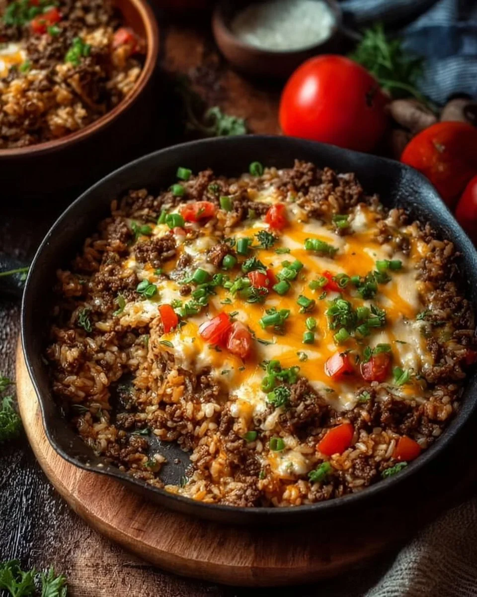 Easy Ground Beef and Rice Skillet in a frying pan with colorful vegetables