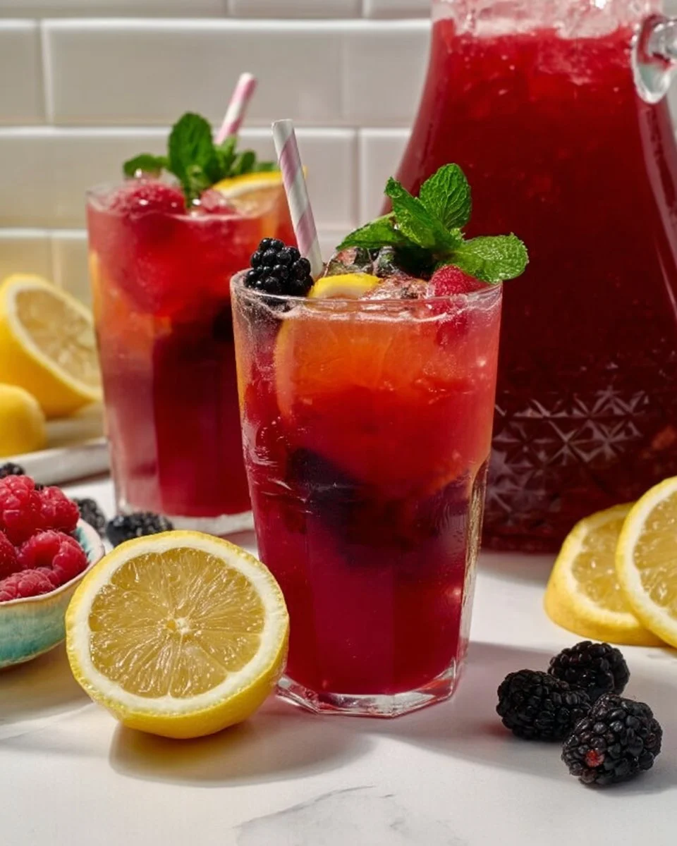 A refreshing glass of homemade triple berry lemonade with fresh berries.
