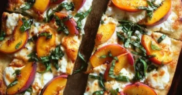 Easy Peach Basil Naan Pizza topped with fresh basil and juicy peaches