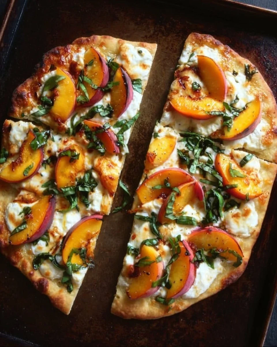 Easy Peach Basil Naan Pizza topped with fresh basil and juicy peaches
