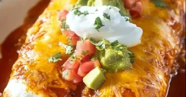 Delicious easy wet burritos topped with savory sauce and fresh ingredients