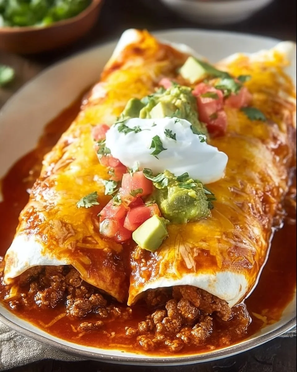 Delicious easy wet burritos topped with savory sauce and fresh ingredients