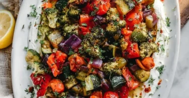 Bowl of creamy whipped feta with roasted vegetables served on a platter.