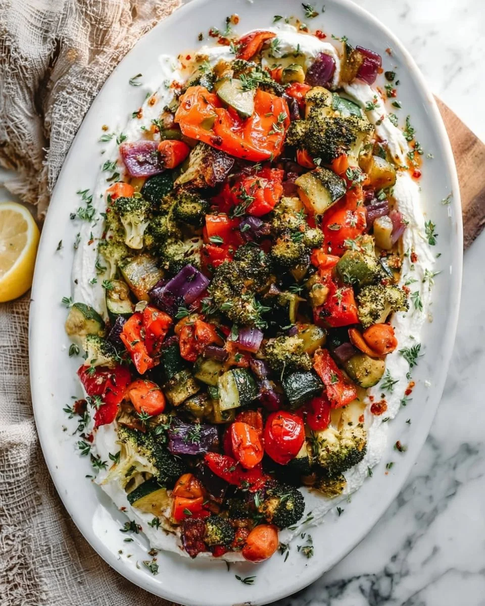 Bowl of creamy whipped feta with roasted vegetables served on a platter.