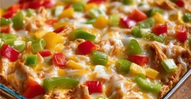 Delicious Fajita Chicken Casserole topped with colorful peppers and cheese.