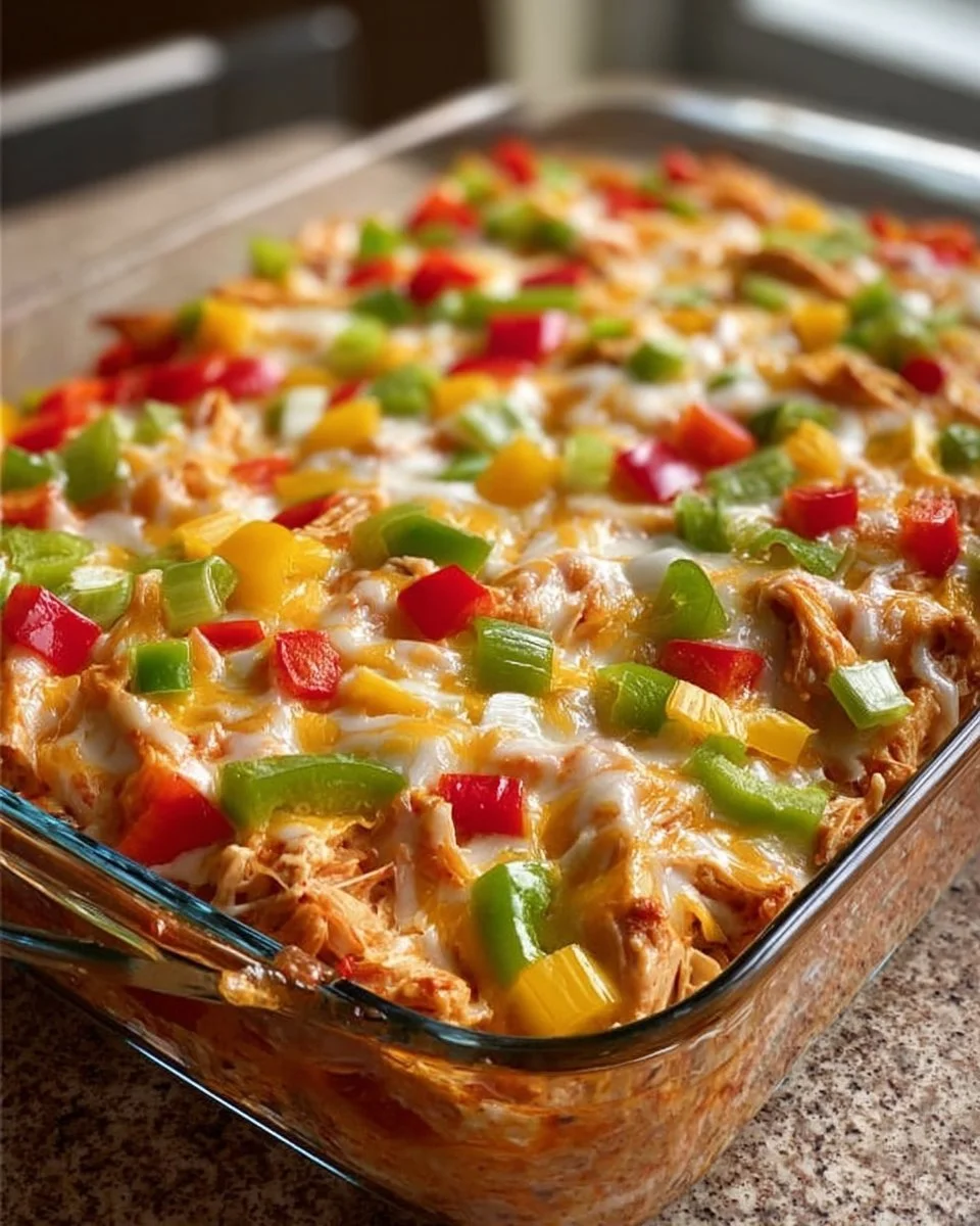 Delicious Fajita Chicken Casserole topped with colorful peppers and cheese.