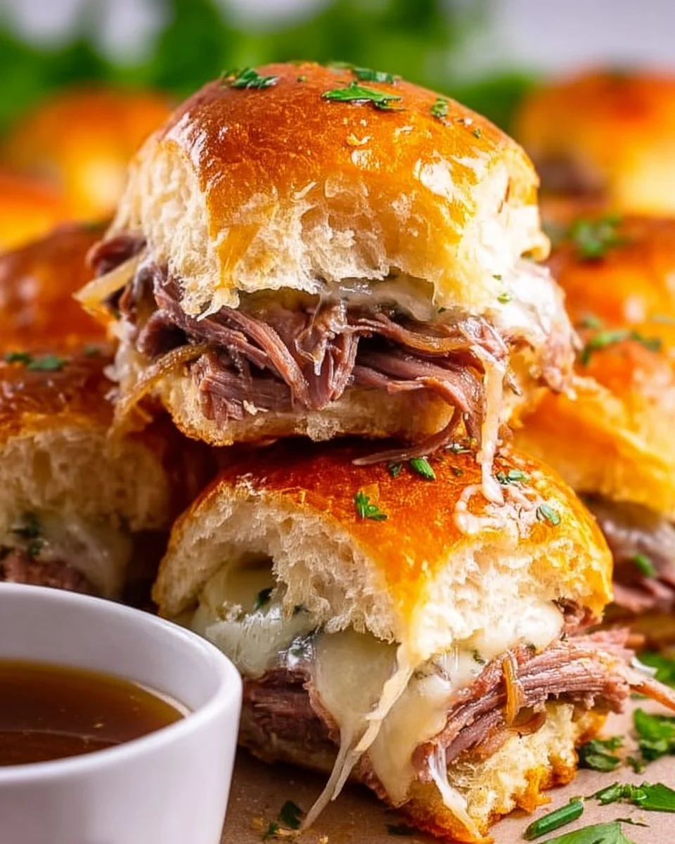 French Dip Sliders served on a platter with dipping sauce