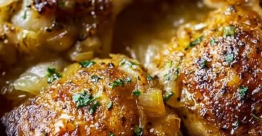 French Onion Dip Chicken Thighs dish garnished with herbs and served in a bowl.