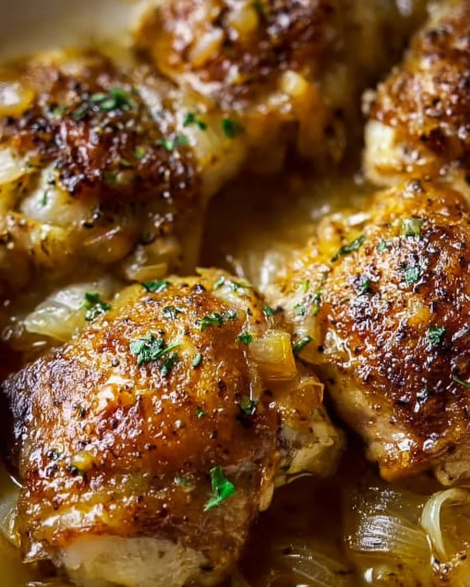 French Onion Dip Chicken Thighs dish garnished with herbs and served in a bowl.