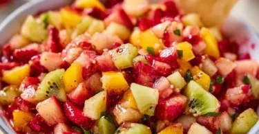 Fresh fruit salsa served with cinnamon sugar chips for a sweet treat