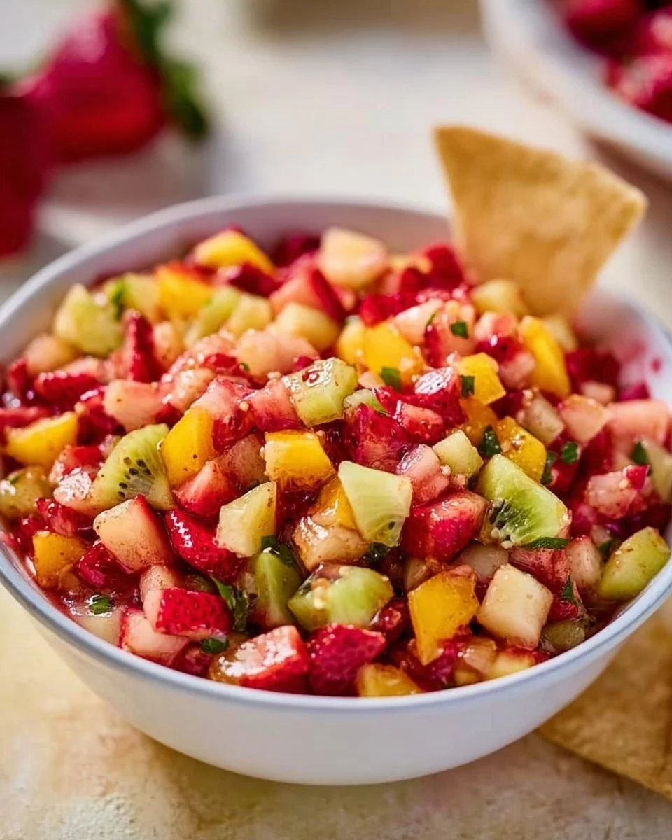 Fresh fruit salsa served with cinnamon sugar chips for a sweet treat