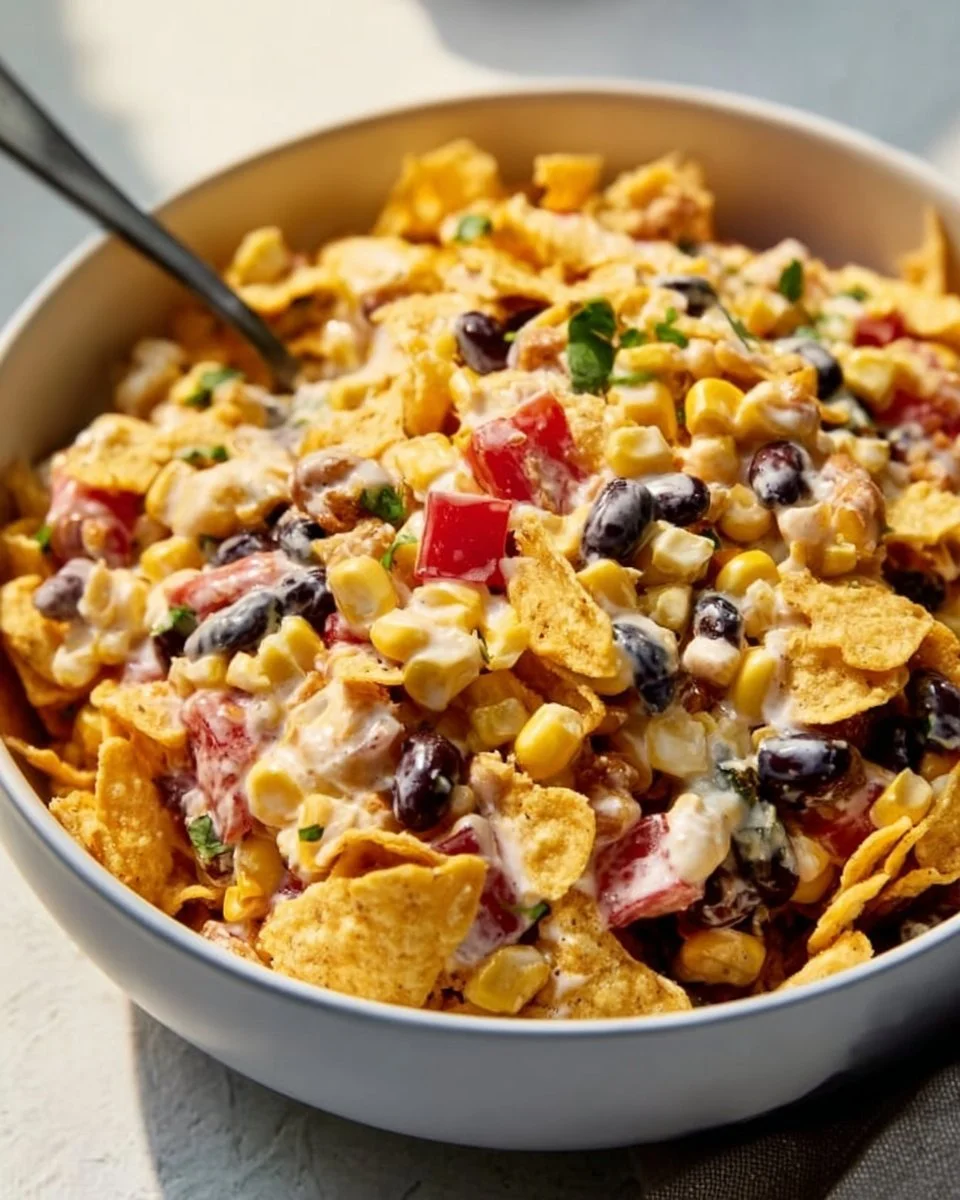 Colorful Frito Corn Salad with corn, peppers, and Fritos in a bowl
