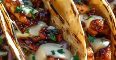 Plate of Garlic Butter Honey BBQ Chicken Tacos topped with fresh ingredients