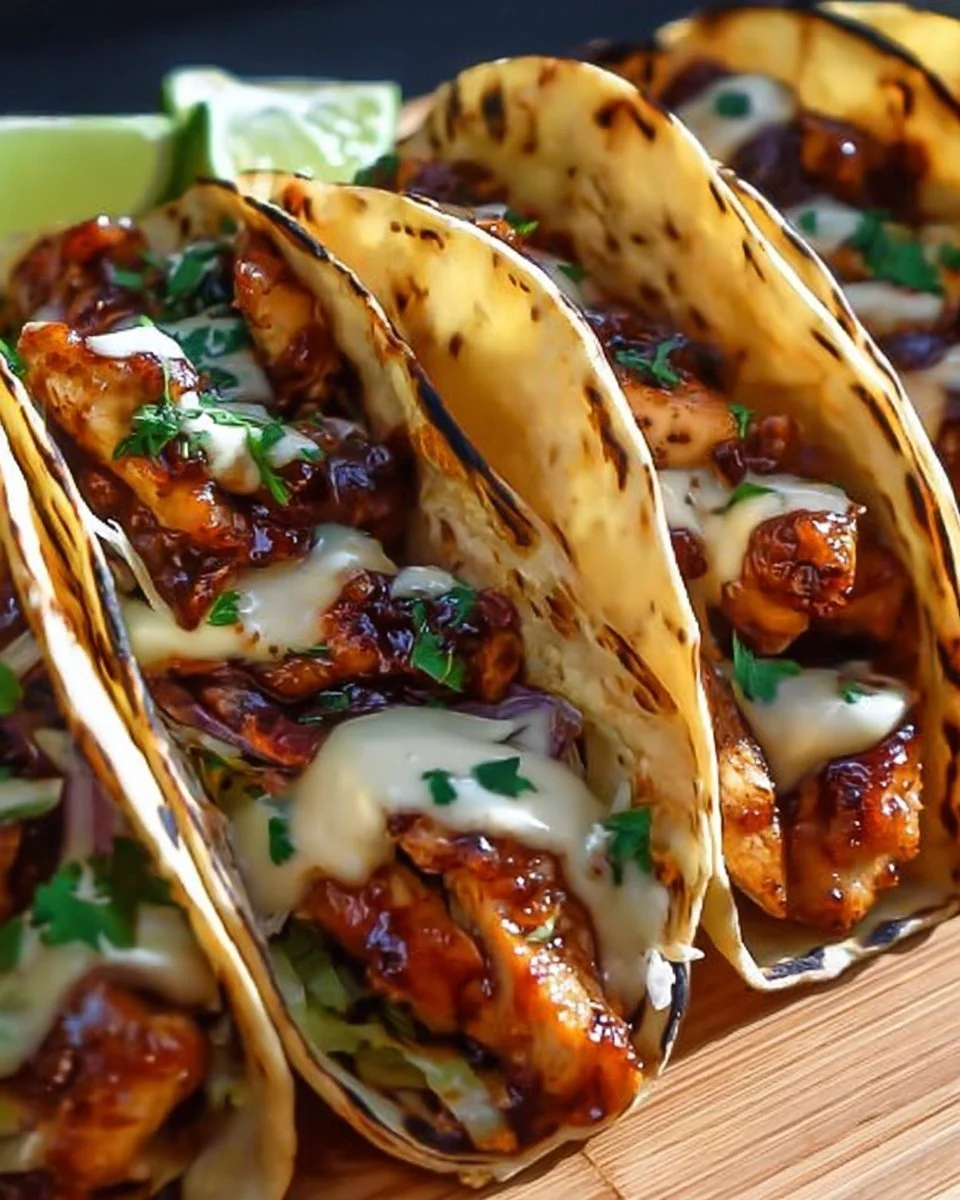 Plate of Garlic Butter Honey BBQ Chicken Tacos topped with fresh ingredients
