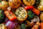 Delicious garlic herb roasted potatoes and colorful veggies on a baking tray.