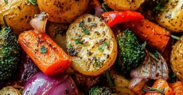 Delicious garlic herb roasted potatoes and colorful veggies on a baking tray.
