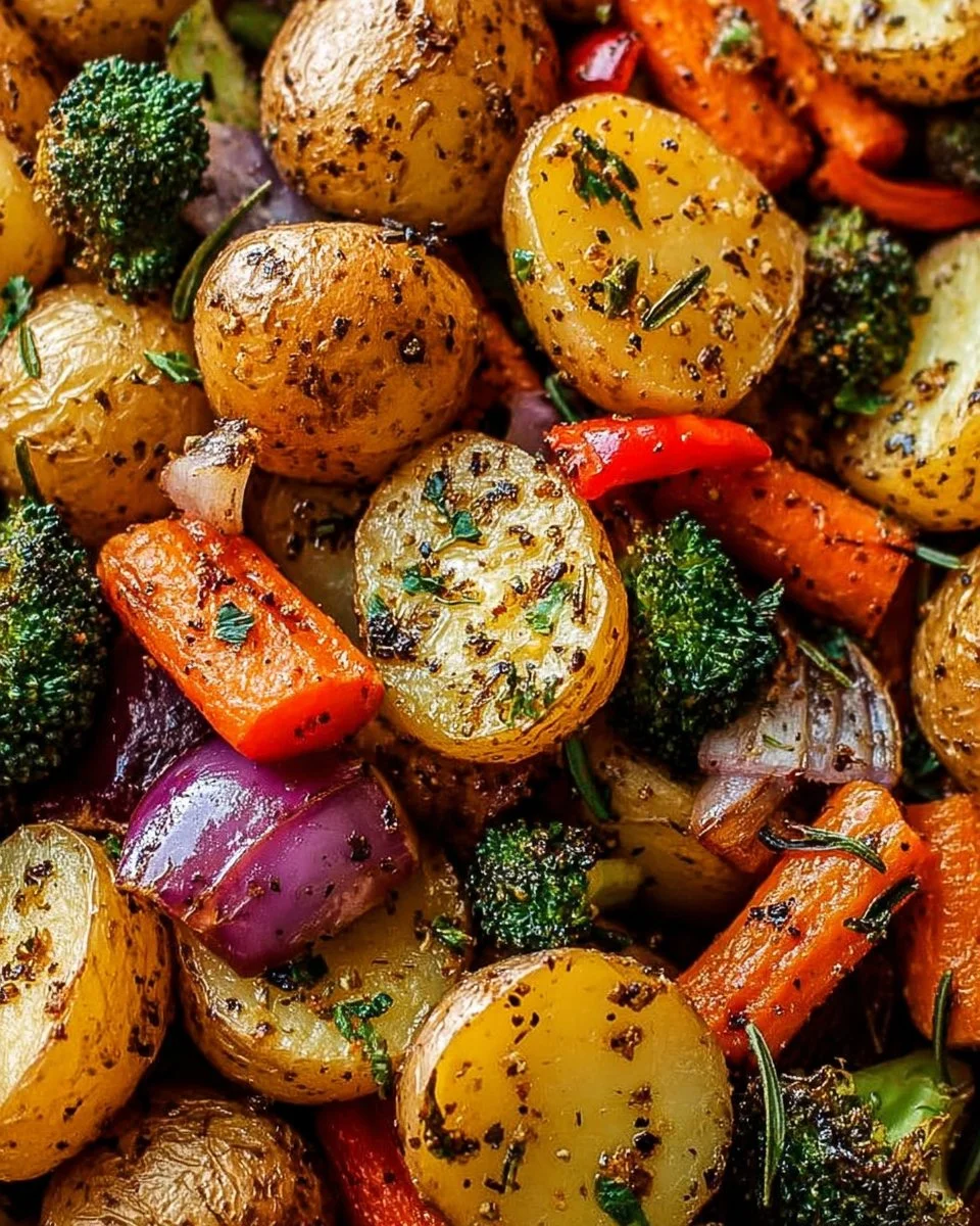 Delicious garlic herb roasted potatoes and colorful veggies on a baking tray.
