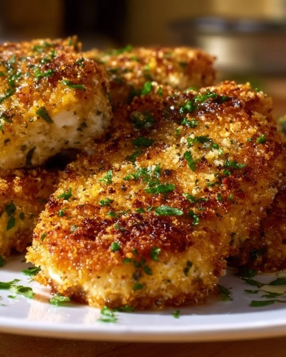 Oven-baked Garlic Parmesan Crusted Chicken Breasts with herbs and spices