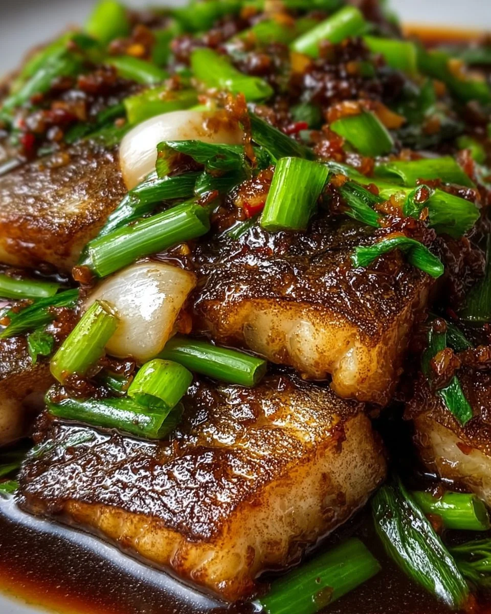 Delicious Ginger Onion Fried Sea Bass served on a plate