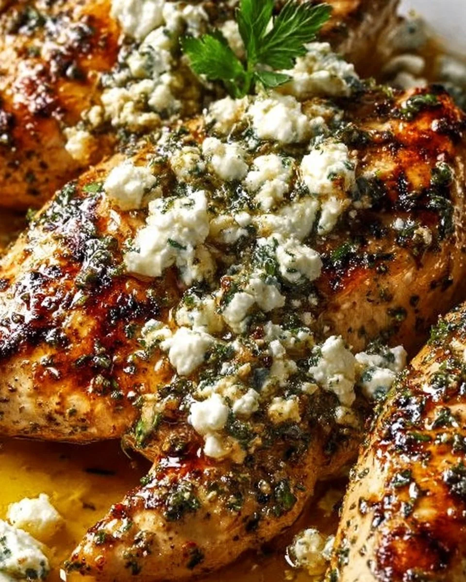 Plate of Greek Chicken with Lemon and Feta, garnished with herbs.