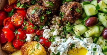 Delicious Greek meatball bowl with savory meatballs and fresh ingredients