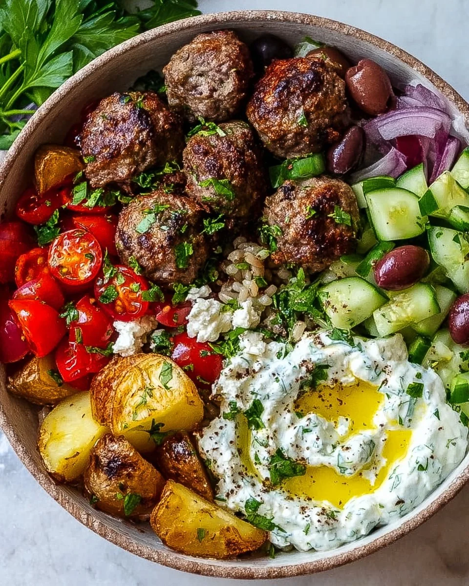 Delicious Greek meatball bowl with savory meatballs and fresh ingredients
