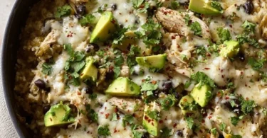 Delicious green sauce chicken served with rice in a skillet dish