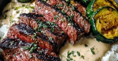 Delicious grilled steak bowl with sauce and zucchini, healthy meal option