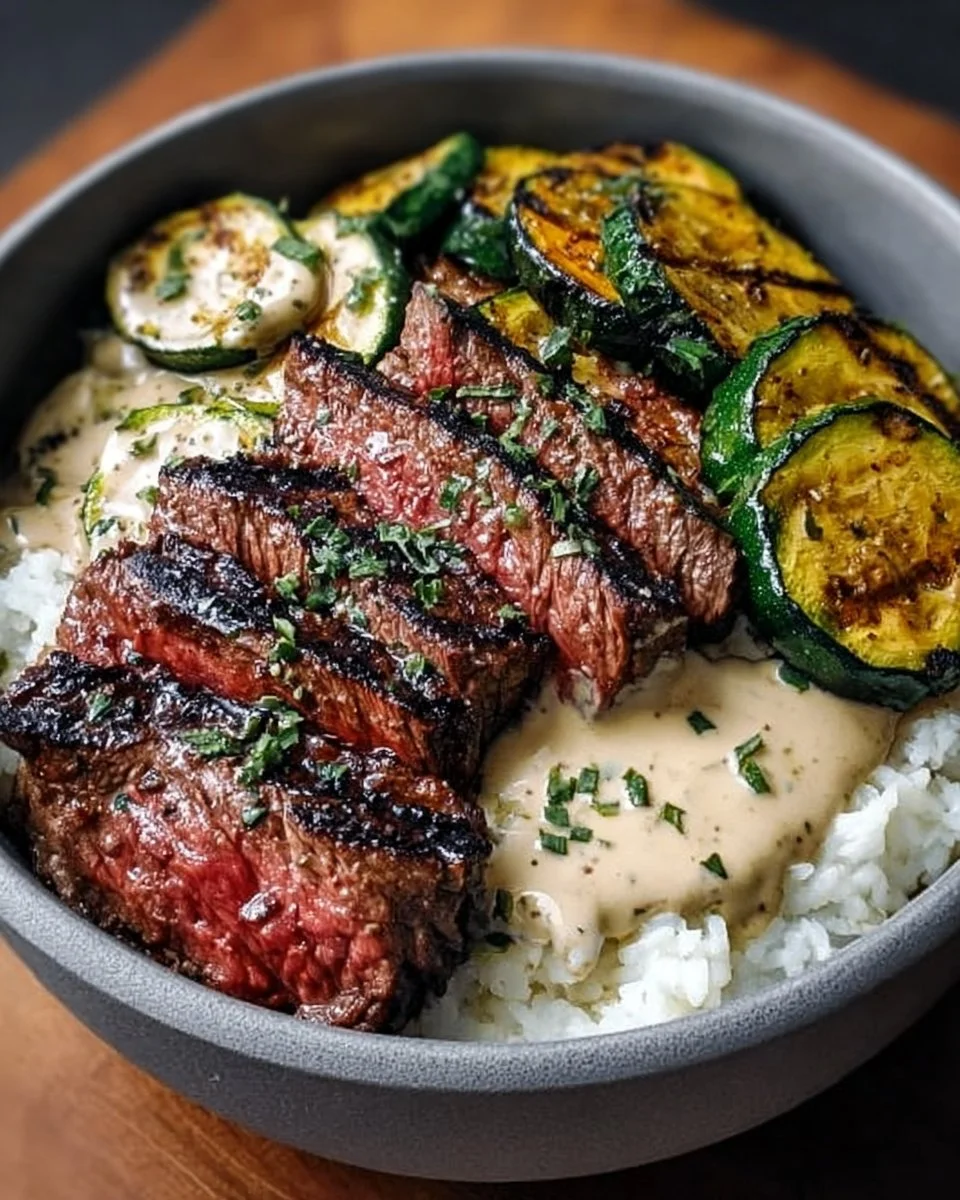 Delicious grilled steak bowl with sauce and zucchini, healthy meal option