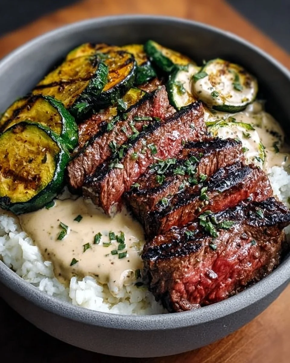 Grilled Steak Bowl with Sauce & Grilled Zucchini Bliss