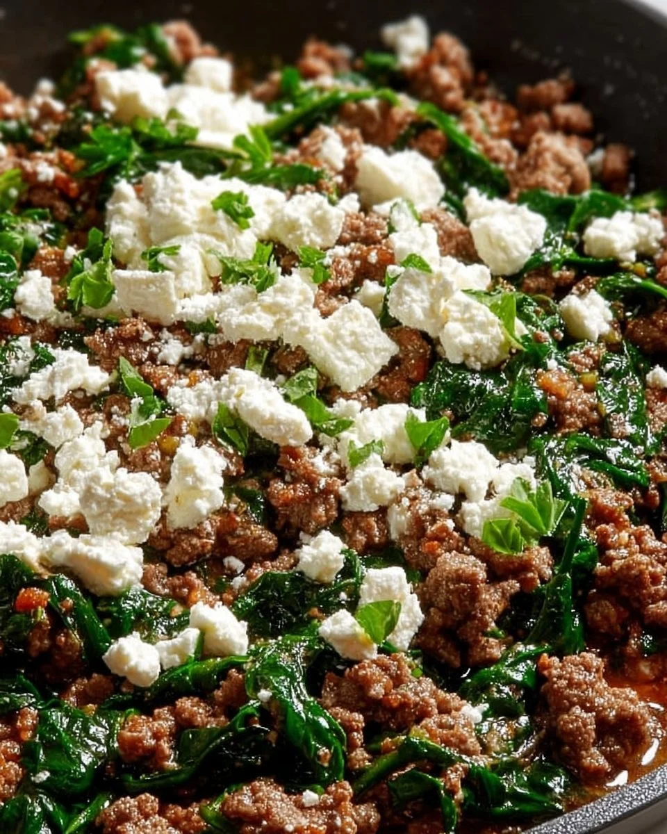 Ground beef and spinach skillet dish topped with feta cheese