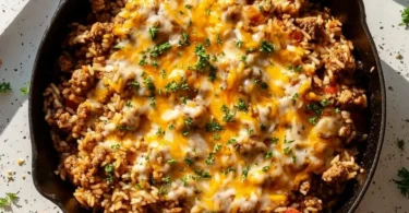Ground sausage and rice skillet dish ready to serve, featuring colorful veggies.