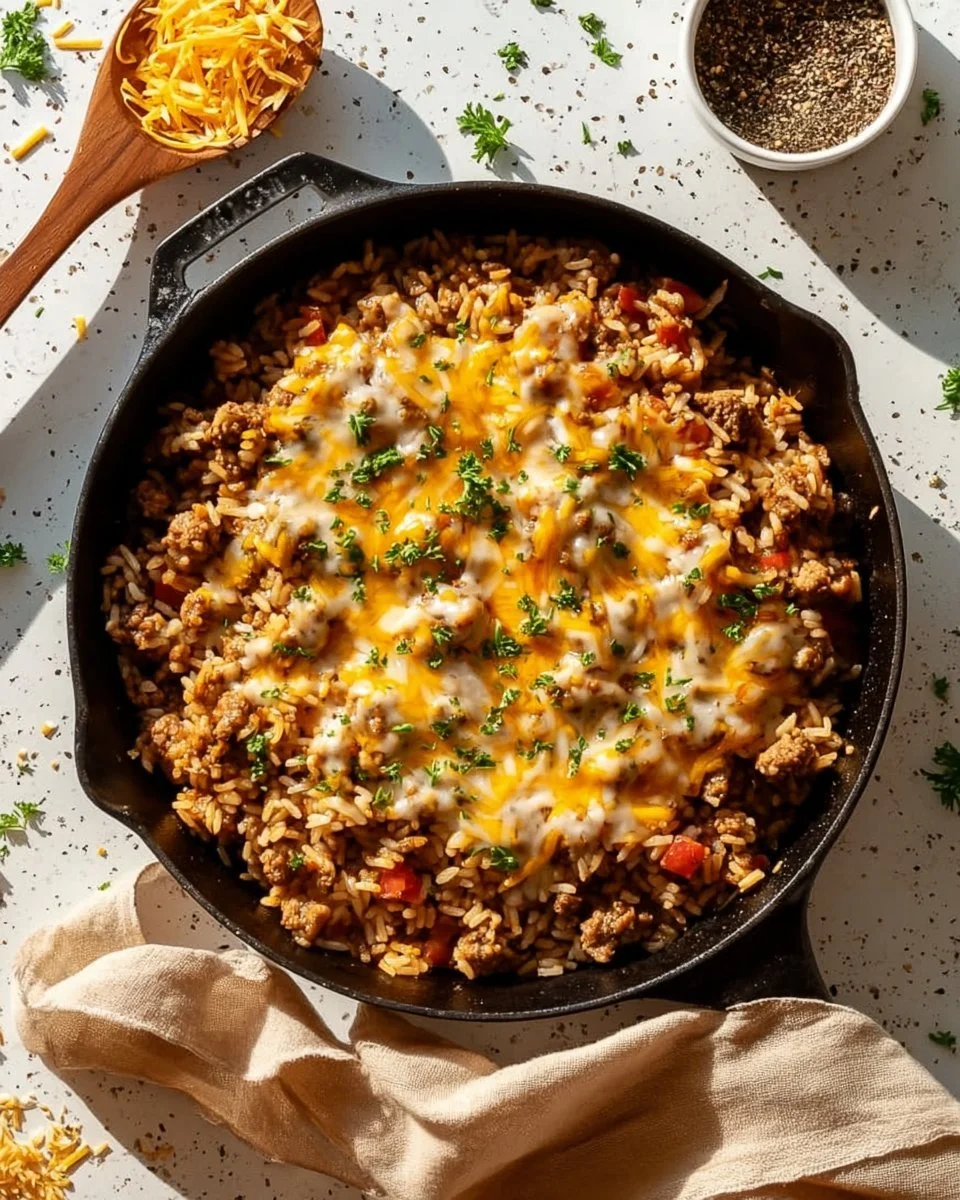 Ground sausage and rice skillet dish ready to serve, featuring colorful veggies.