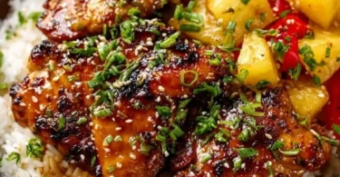 Hawaiian Chicken served with Coconut Rice, a tropical dish bursting with flavor.