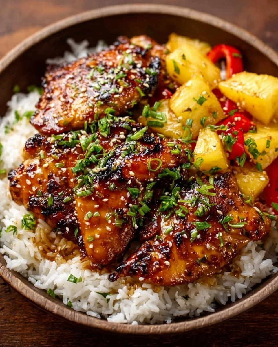 Hawaiian Chicken served with Coconut Rice, a tropical dish bursting with flavor.