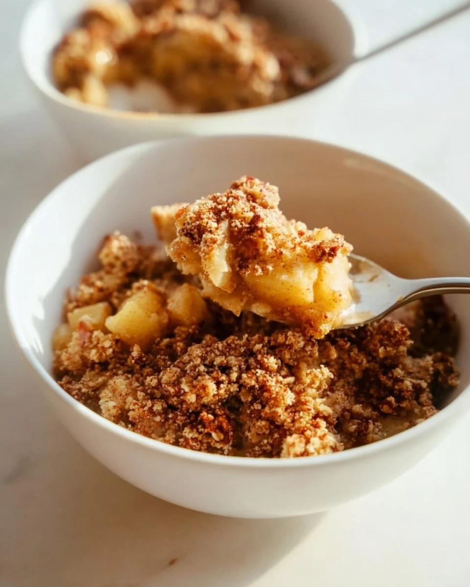 Healthy breakfast apple crumble topped with oats and fresh apple slices