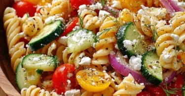 High Protein Greek Pasta Salad with fresh vegetables and herbs