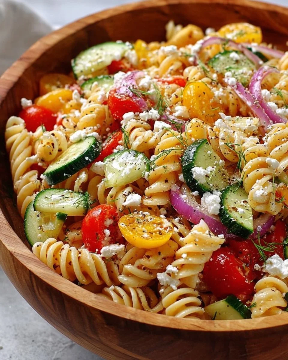 High Protein Greek Pasta Salad with fresh vegetables and herbs