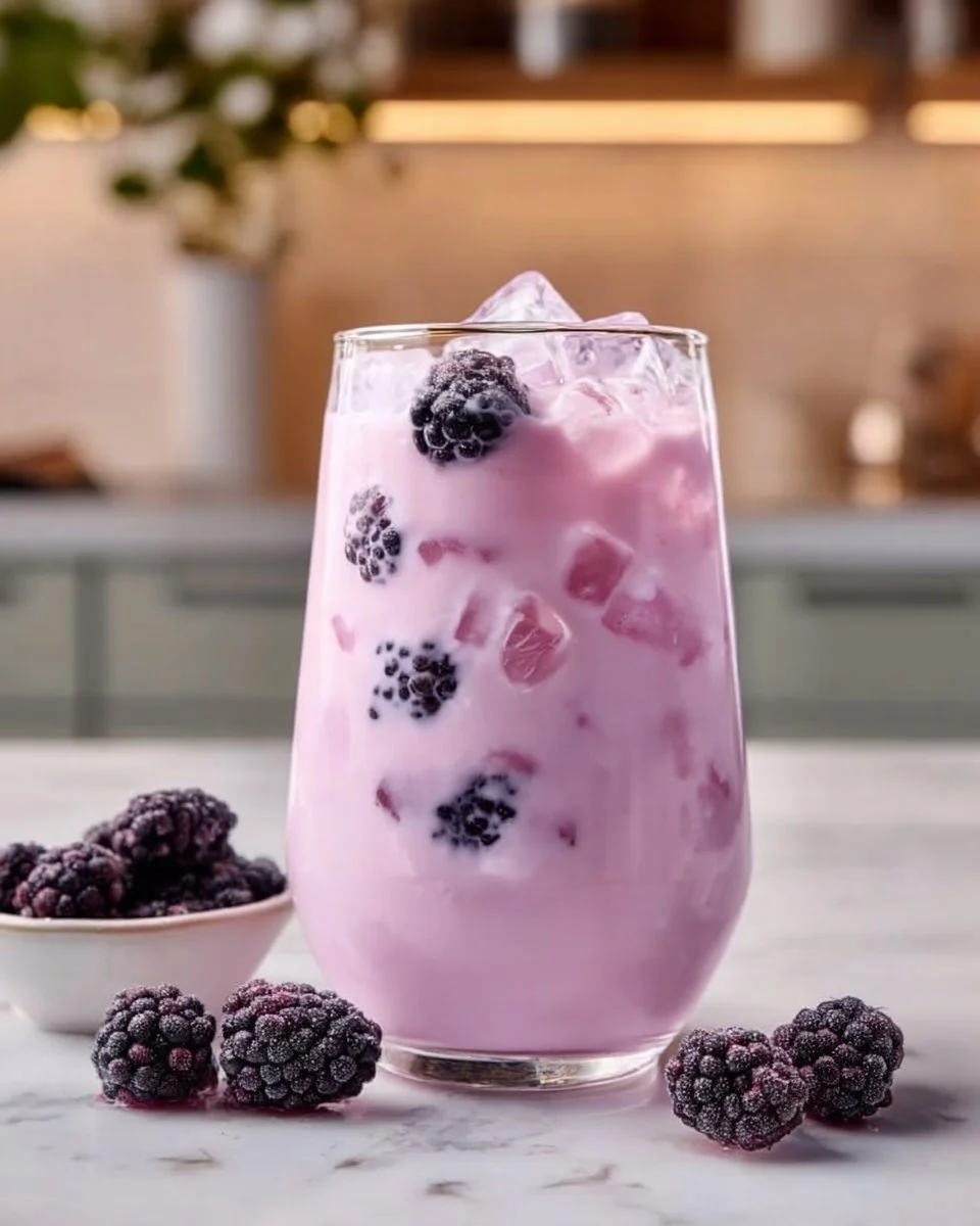 Homemade blackberry coconut pink drink served in a glass with fresh berries and coconut