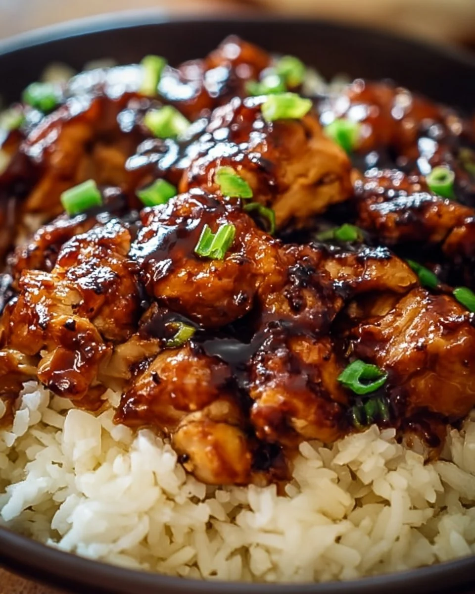Delicious honey BBQ chicken rice bowl with vegetables and sauce