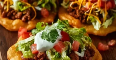 Delicious Indian fry bread tacos topped with fresh ingredients and vibrant flavors