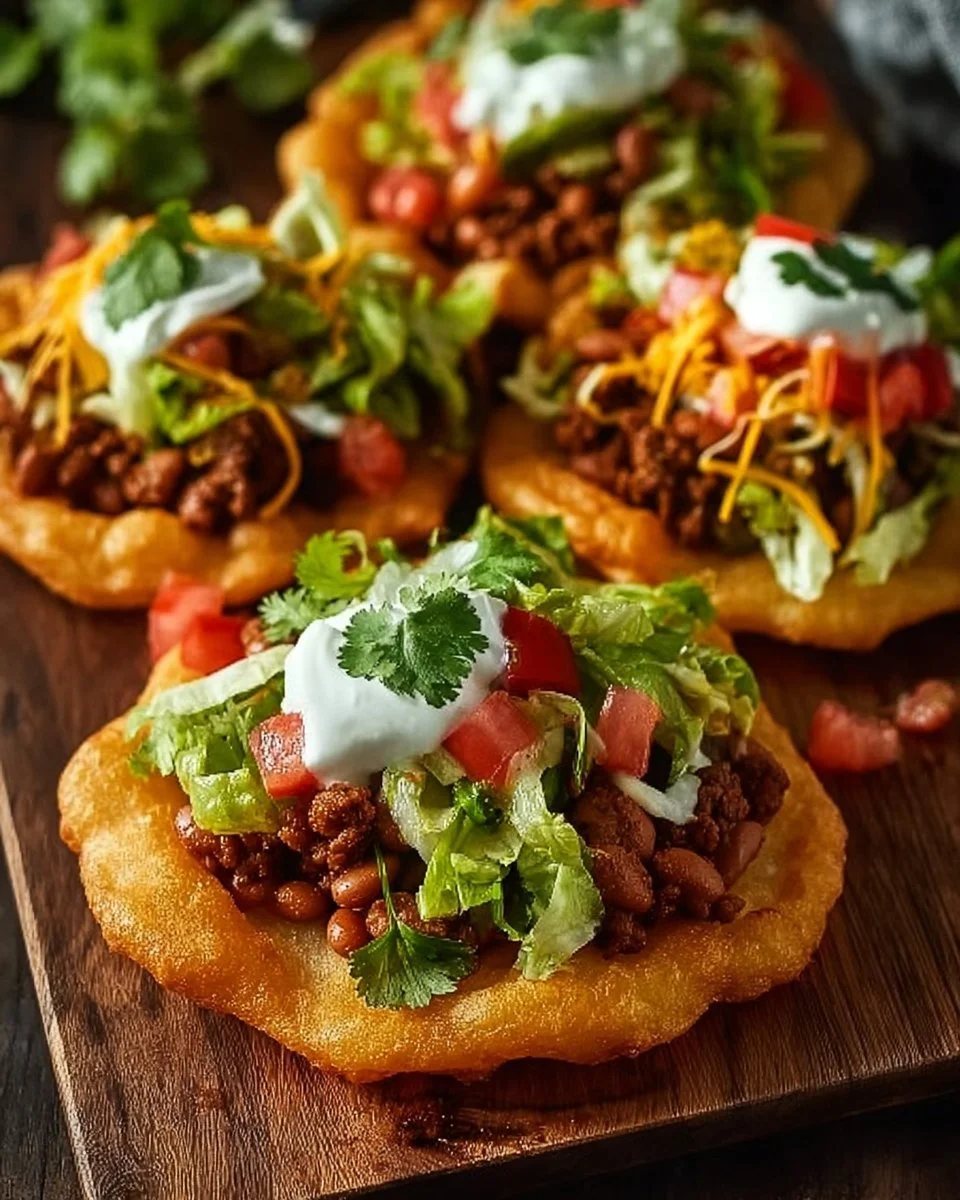 Delicious Indian fry bread tacos topped with fresh ingredients and vibrant flavors